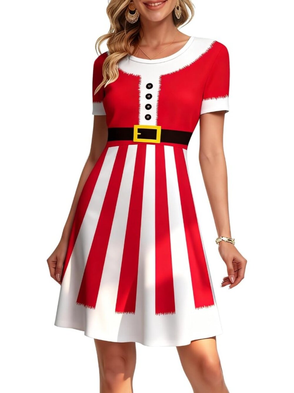 Women's Red White Holiday Party Ugly Xmas Print Short Sleeves Christmas Dresses